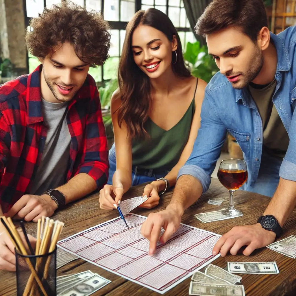 Grupo de amigos felices planeando jugadas de lotería con LotoComunidad